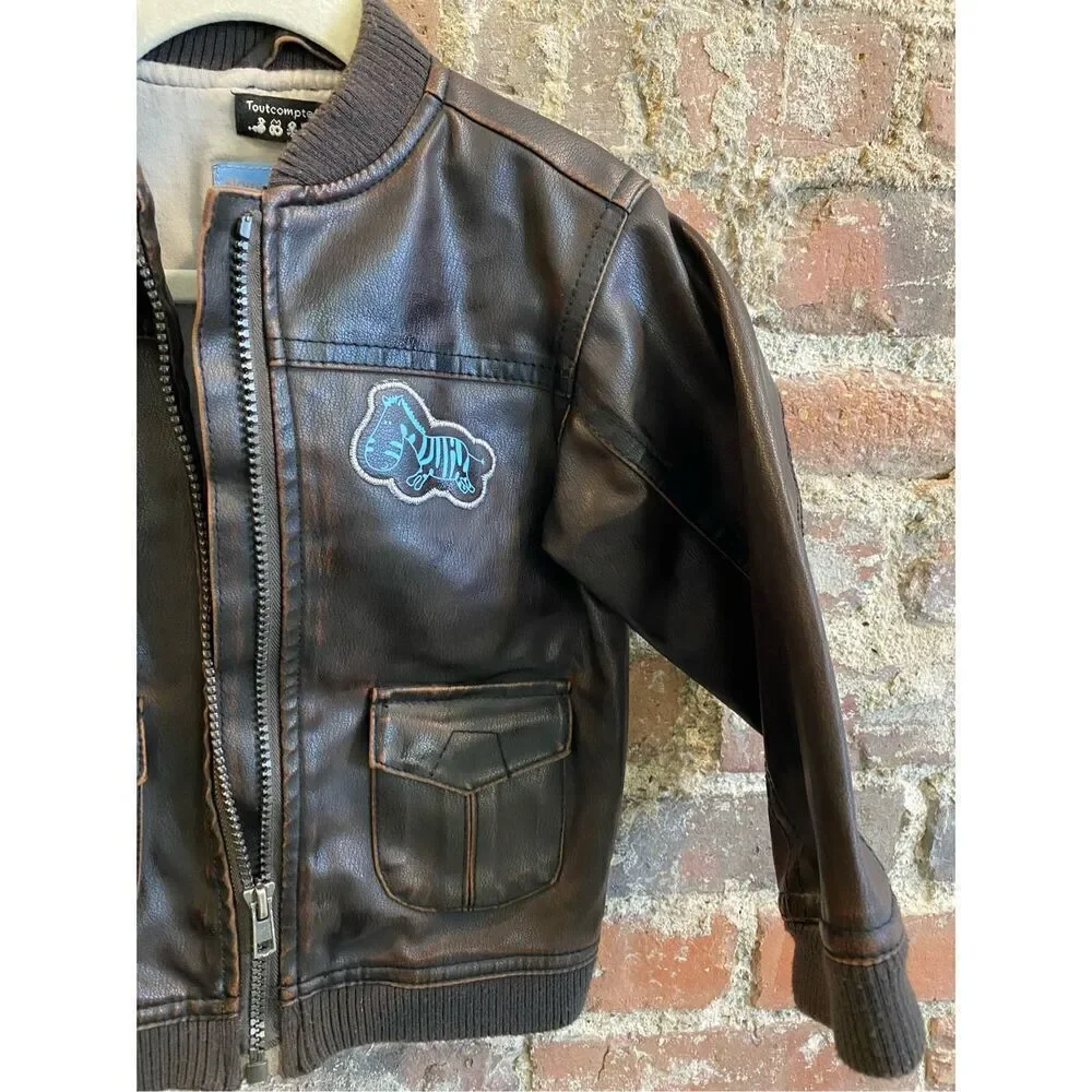 -Tout Compte Fait- bébé Dark Brown Faux Leather Baby Bomber Jacket with Zebra Em